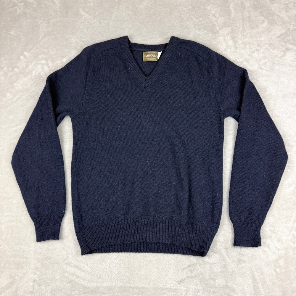 Vintage Campus Sweater Men M Tall Navy Blue Wool Blend V-Neck Preppy USA 70s EUC